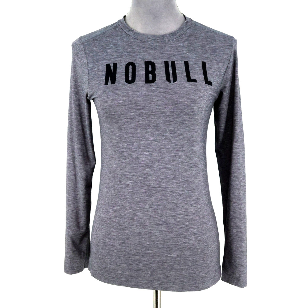 NoBull Top Womens XS Gray Long Sleeve Stretch Knit T Shirt Crew Neck Logo
